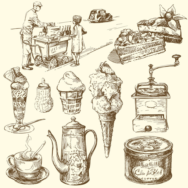 Coffee, ice cream, confectionery - hand drawn collection - Vector, Image