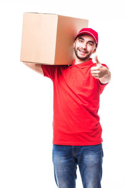Delivery man with box pointed in you - Photo, Image