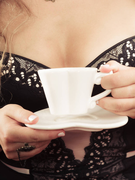 Part body lady with cup of tea. - Φωτογραφία, εικόνα