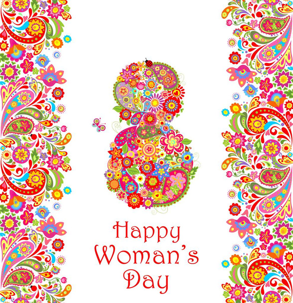 Greeting decorative card with flowers print and number 8 for Womans Day - Διάνυσμα, εικόνα