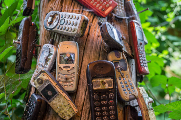 Зламані старі мобільні телефони прибиті до дерева
 - Фото, зображення