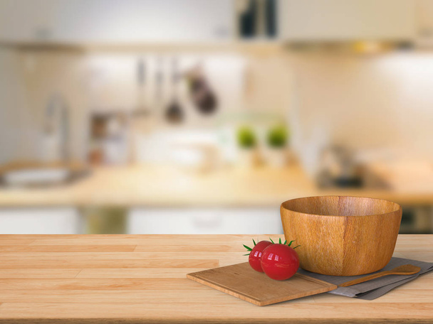 wooden counter top with tomato and wooden bowl  - Photo, Image