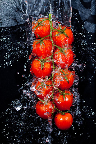 Tomatos branch in water splashes - Foto, afbeelding