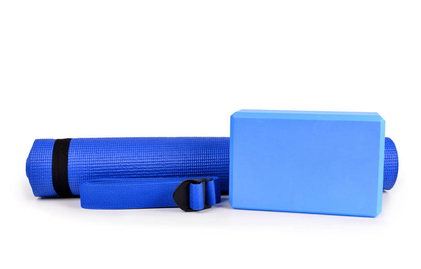 Yoga blocks belts and mat props isolated - Photo, image