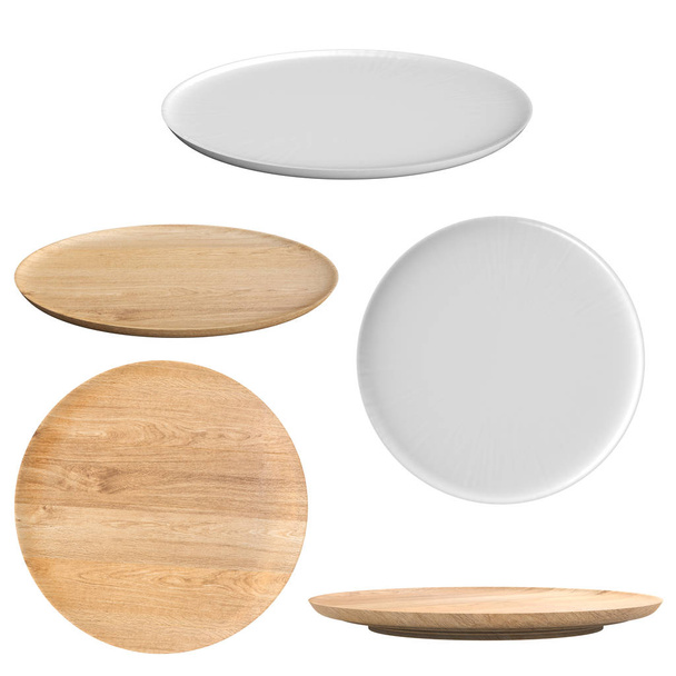 plat blanc isolé et plat en bois
 - Photo, image