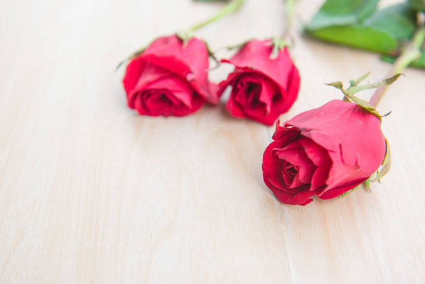 schöne rote Rose Blume auf Holz Hintergrund . - Foto, Bild