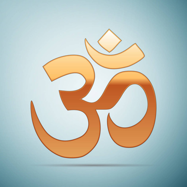 Gold sign Om. Symbol of Buddhism and Hinduism religions icon on blue background. Vector Illustration - Vector, Image