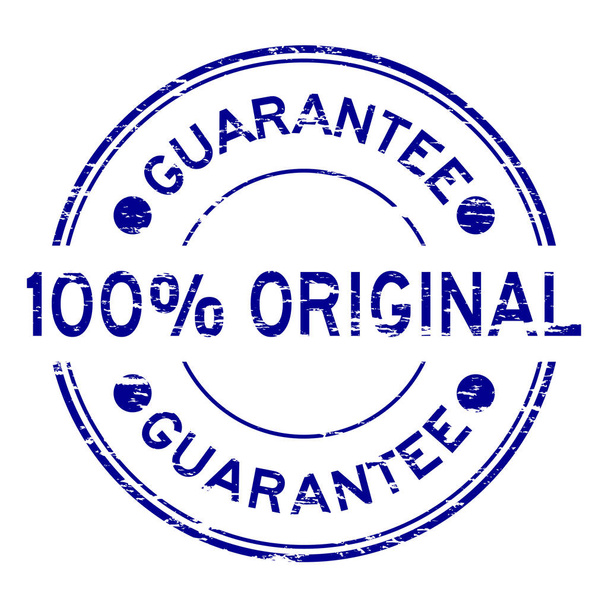 Grunge azul 100% original garantía ronda sello de goma sobre fondo blanco
 - Vector, imagen