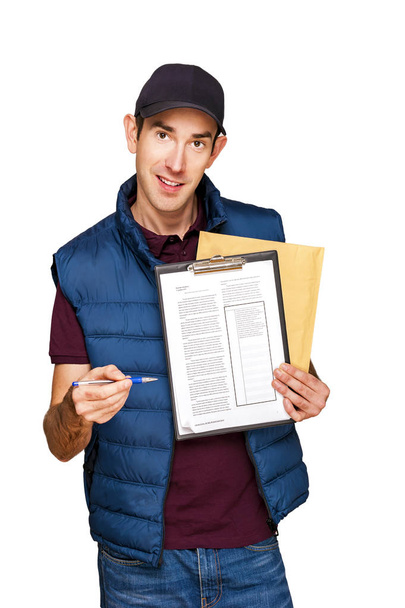 Delivery man holding letter isolated over white background. - Photo, Image