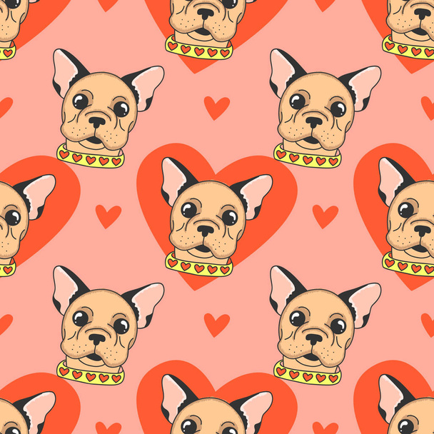 Seamless cute pattern with french bulldog and hearts. Funny animal background.  - Vektör, Görsel