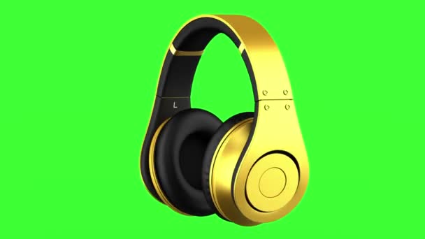 Gouden hoofdtelefoon lus draaien op groene chromakey achtergrond - Video