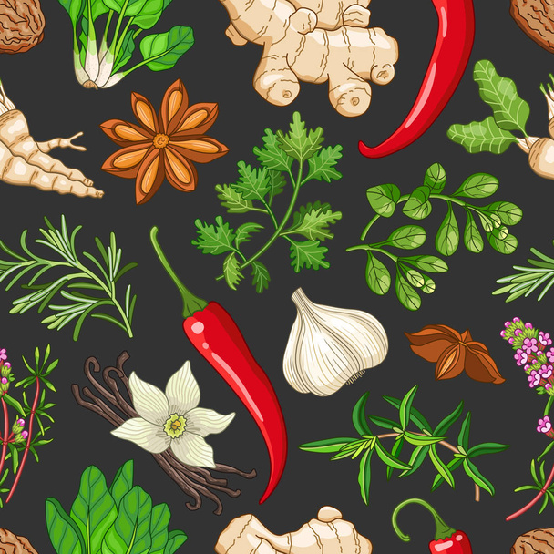 Vector hot pattern with herbs on dark - Vector, Image