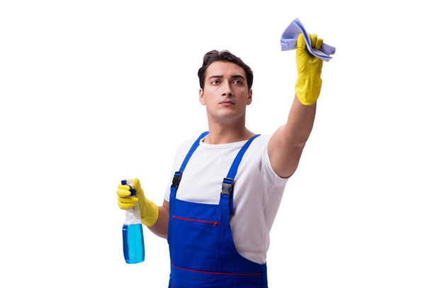 Hombre con agentes de limpieza aislados sobre fondo blanco
 - Foto, Imagen