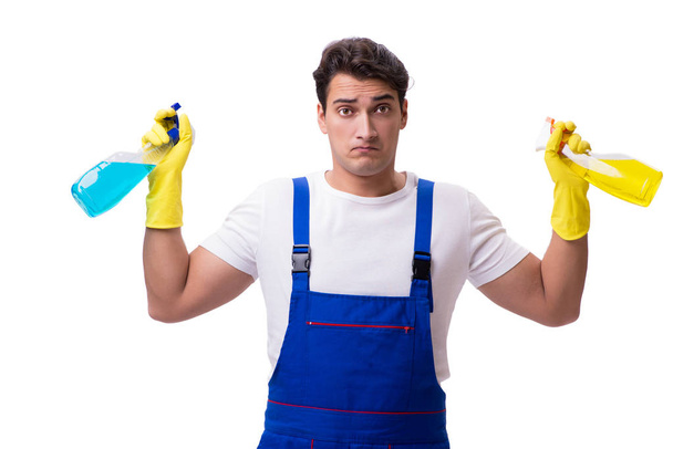 Homem com agentes de limpeza isolados sobre fundo branco
 - Foto, Imagem