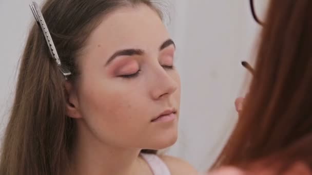 Make-up artist applying makeup on the face of the beautiful young sensual model - Materiał filmowy, wideo