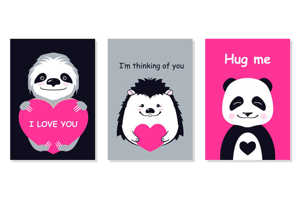Greeting cards set - cute animals. Vector hand drawn template for Valentine s day party, scrapbooking etc. - Vector, Image