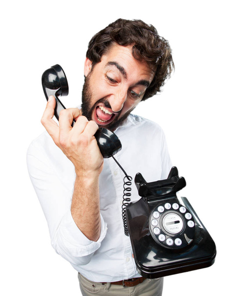 man with vintage telephone and disagree expression - Fotografie, Obrázek