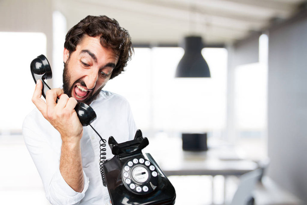man with vintage telephone and disagree expression - Φωτογραφία, εικόνα