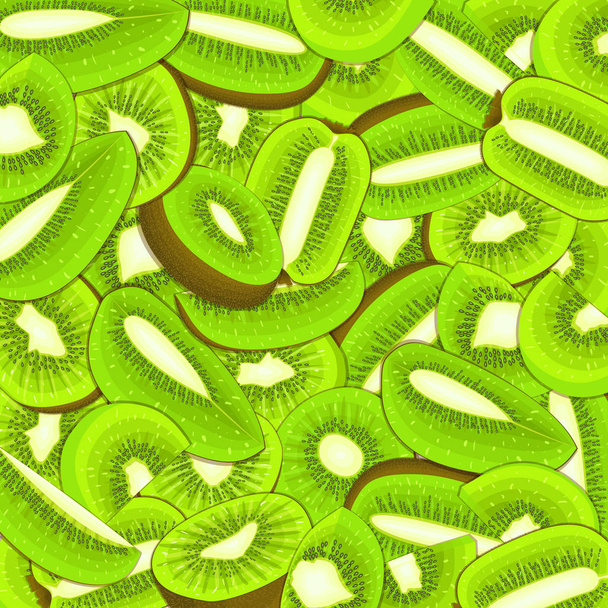 Fond kiwi juteux mûr. Illustration de carte vectorielle. Kiwi frais très espacé pelé, morceau de moitié, tranche, semence motif appétissant pour la conception d'emballage alimentation saine et régime végétalien
 - Vecteur, image