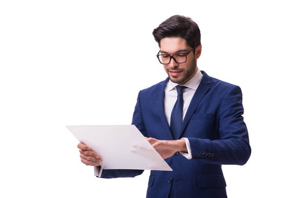 Бизнесмен, работающий на планшете изолирован на белом фоне
 - Фото, изображение