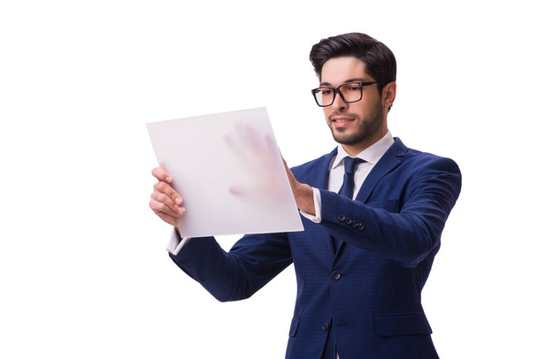 Businessman working on tablet isolated on the white background - Φωτογραφία, εικόνα