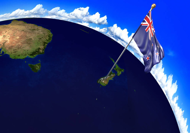 Государственный флаг Новой Зеландии, обозначающий расположение страны на карте мира. 3D рендеринг
 - Фото, изображение