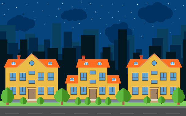 Vector noční město s domy na karikatuře. Městský prostor se silnicí na ploché styl pozadí konceptu. - Vektor, obrázek