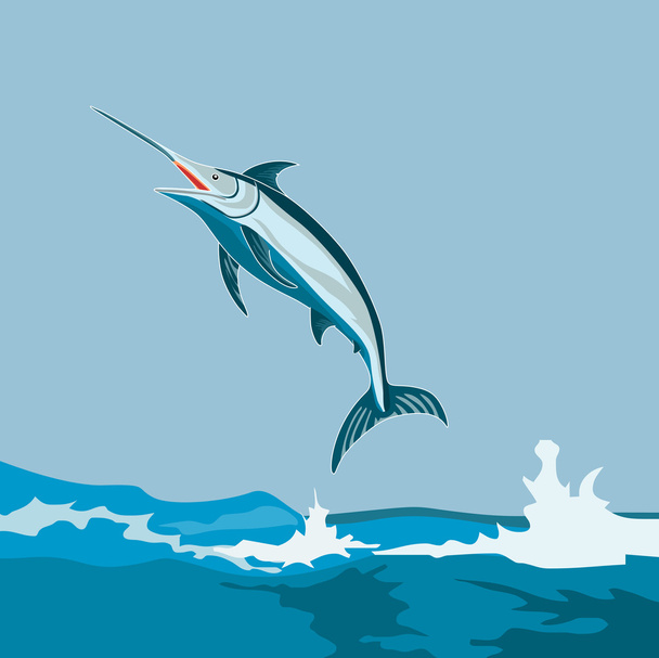 Pez marlin azul saltando retro - Vector, imagen