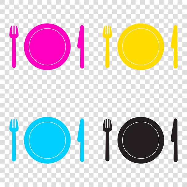 Tenedor, plato y cuchillo. CMYK iconos sobre fondo transparente. Cya.
 - Vector, imagen
