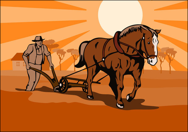 rolnik i koń orki, gospodarstwo retro - Wektor, obraz