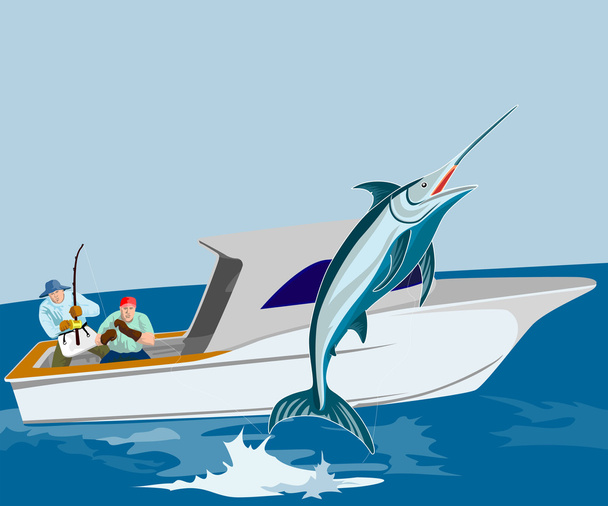 Kék Marlin hal ugrás Retro - Vektor, kép