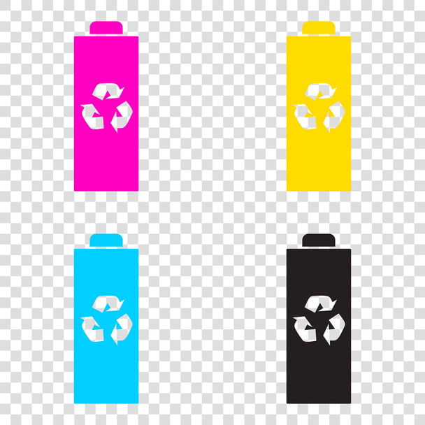 Batterij recycle teken illustratie. CMYK-pictogrammen op transparante bac - Vector, afbeelding