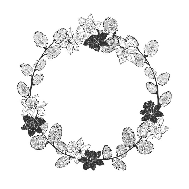 Floral frame with daffodils and willow twigs  - Vector, Image