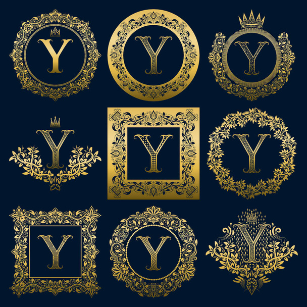 Jahrgang Monogramme Satz von y-Buchstaben. goldene Wappenlogos in Kränzen, runden und quadratischen Rahmen. - Vektor, Bild