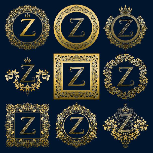Conjunto de monogramas vintage de letra Z. Logotipos heráldicos dorados en coronas, marcos redondos y cuadrados
. - Vector, imagen