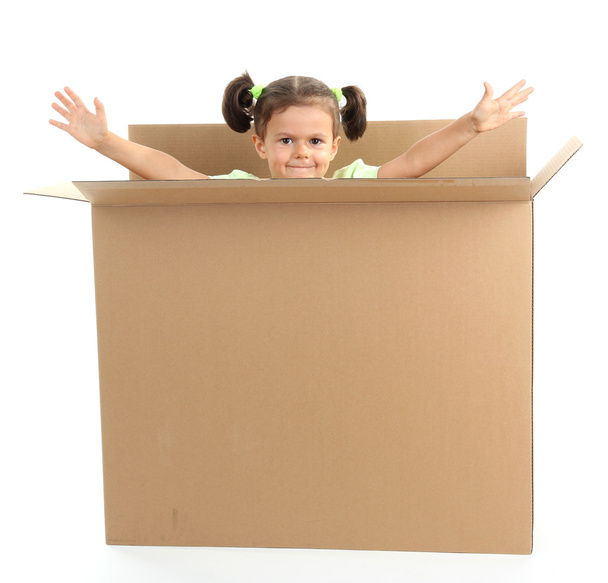 beautiful little girl with box isolated on white - Фото, зображення