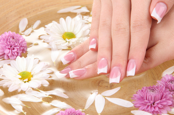 Woman hands with french manicure and flowers in bamboo bowl with water - 写真・画像