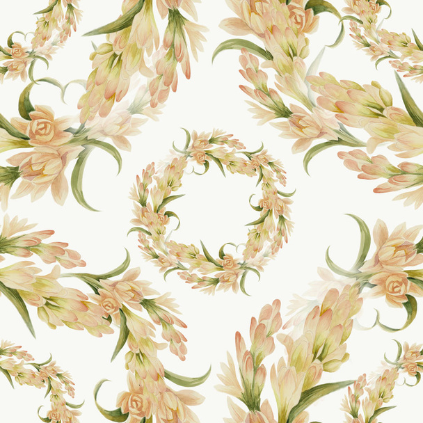 Tuberose - branches. Seamless pattern. medicinal, perfumery and cosmetic plants. Wallpaper. Watercolor. - Фото, зображення