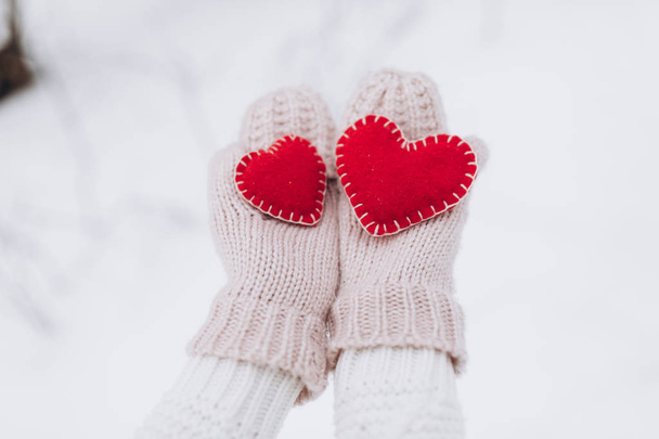 Menina segurando corações no inverno natureza
 - Foto, Imagem
