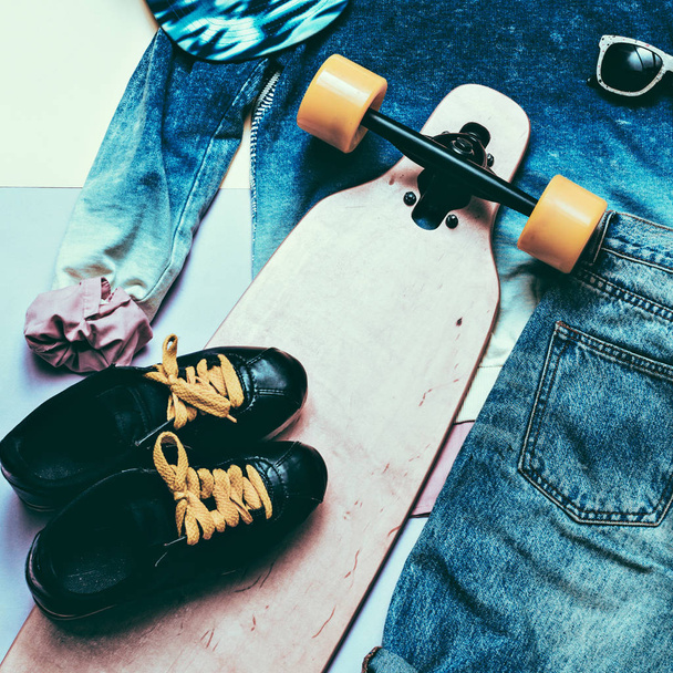 Set Fashion Denim clothing and accessories Cap Skateboard Sneake - Фото, изображение