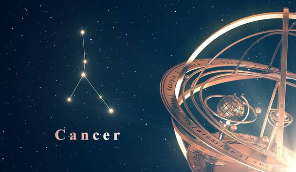 Állatövi csillagkép a rák és az Armilláris gömb át kék háttér - Fotó, kép