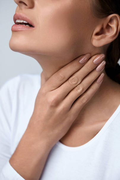 Throat Pain. Closeup Woman With Sore Throat, Painful Feeling  - Fotografie, Obrázek