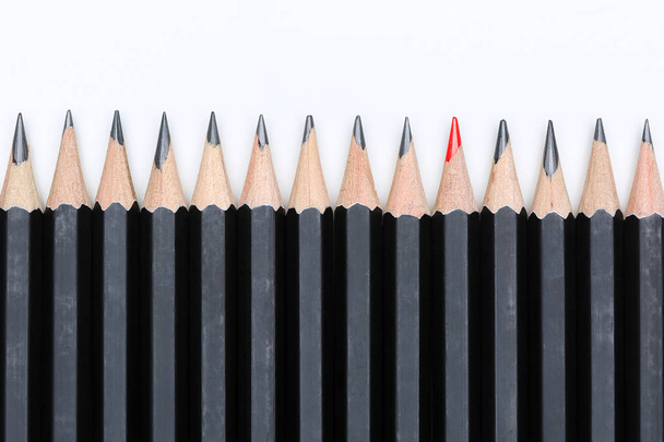 Κόκκινο μολύβι που ξεχωρίζει από το πλήθος των πολλά πανομοιότυπα μαύρο fel - Φωτογραφία, εικόνα