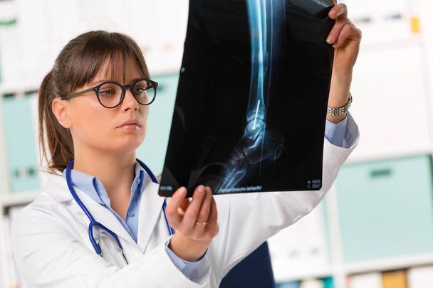 kobieta lekarz patrząc na x-ray pacjentów - Zdjęcie, obraz