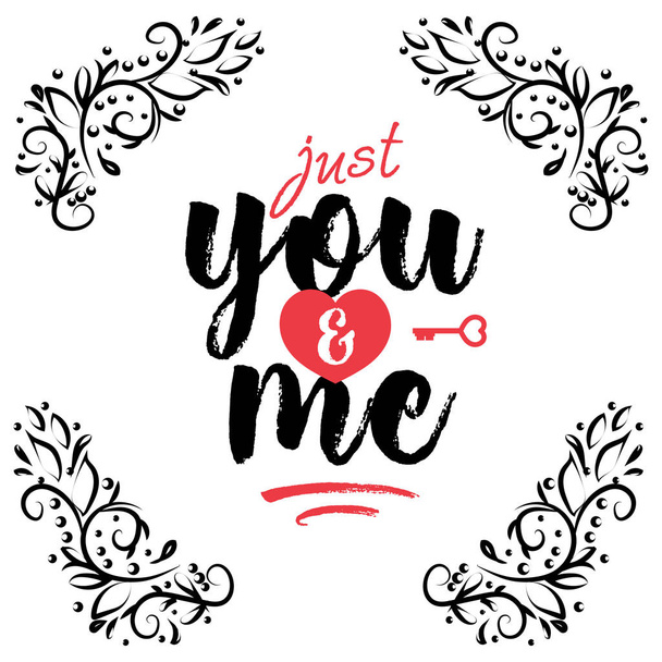 Happy Valentine's day card on white background with lovely lettering typography wish just you and me. Holiday decoration element. Vector illustration - Vecteur, image