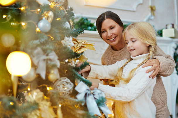 Girl and her grandmother with xmas gift - Фото, изображение
