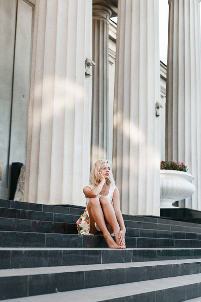 beautiful blondie girl in dress in summer - Fotografie, Obrázek