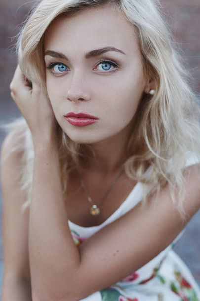 beautiful blondie girl in dress in summer - Фото, изображение