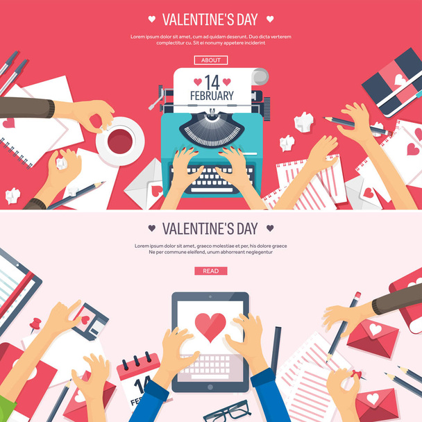 Flat background with typewriter. Love, hearts. Valentines day. Be my valentine. 14 february.Vector illustration. Holidays. - Photo, Image