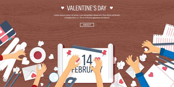 Flat background with paper, envelope. Love, hearts. Valentines day. Be my valentine. 14 february.Vector illustration. - Photo, Image